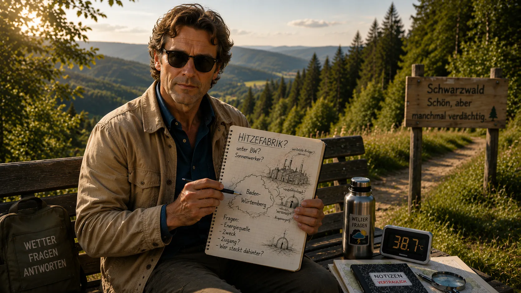 Andy Tür auf einer Parkbank im Schwarzwald mit Notizbuch und Theorie zur geheimen Hitzefabrik in Baden-Württemberg. Er schaut in die Kamera.