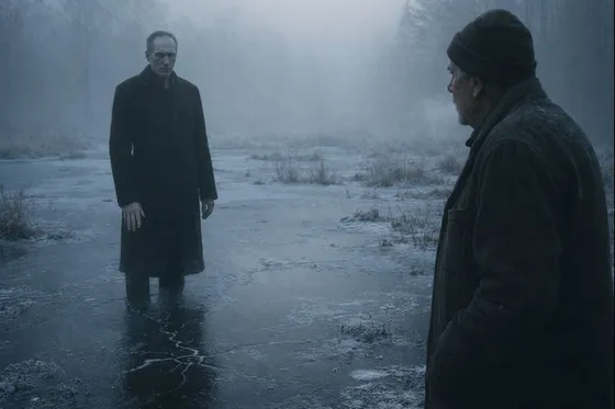 Zwei Männer stehen sich in einem gefrorenen Moor gegenüber, umgeben von dichtem Nebel. Der eine trägt dunkle Winterkleidung, während der andere reglos auf dem Eis steht und mit der Hand eine feine Risslinie in der vereisten Wasserfläche verursacht.