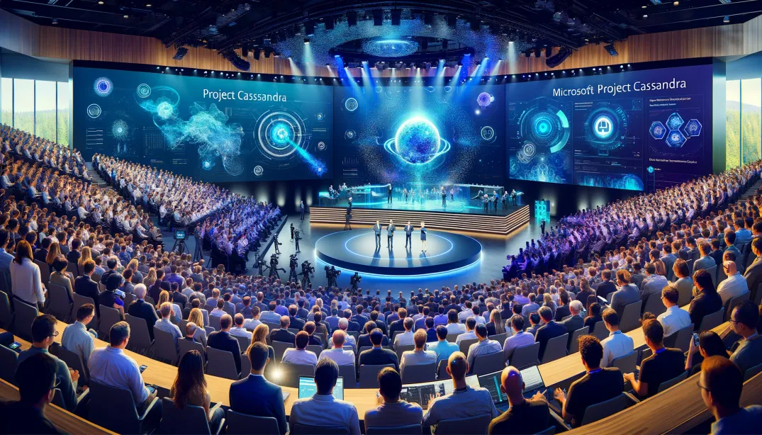 Das Bild zeigt eine hochmoderne Präsentation im Microsoft Campus in Redmond, Washington, bei der Satya Nadella und Sam Altman das Projekt Cassandra vorstellen. Auf der Leinwand sind die Logos von Microsoft und OpenAI zu sehen, während die Zuschauer gespannt den futuristischen holografischen Displays folgen.