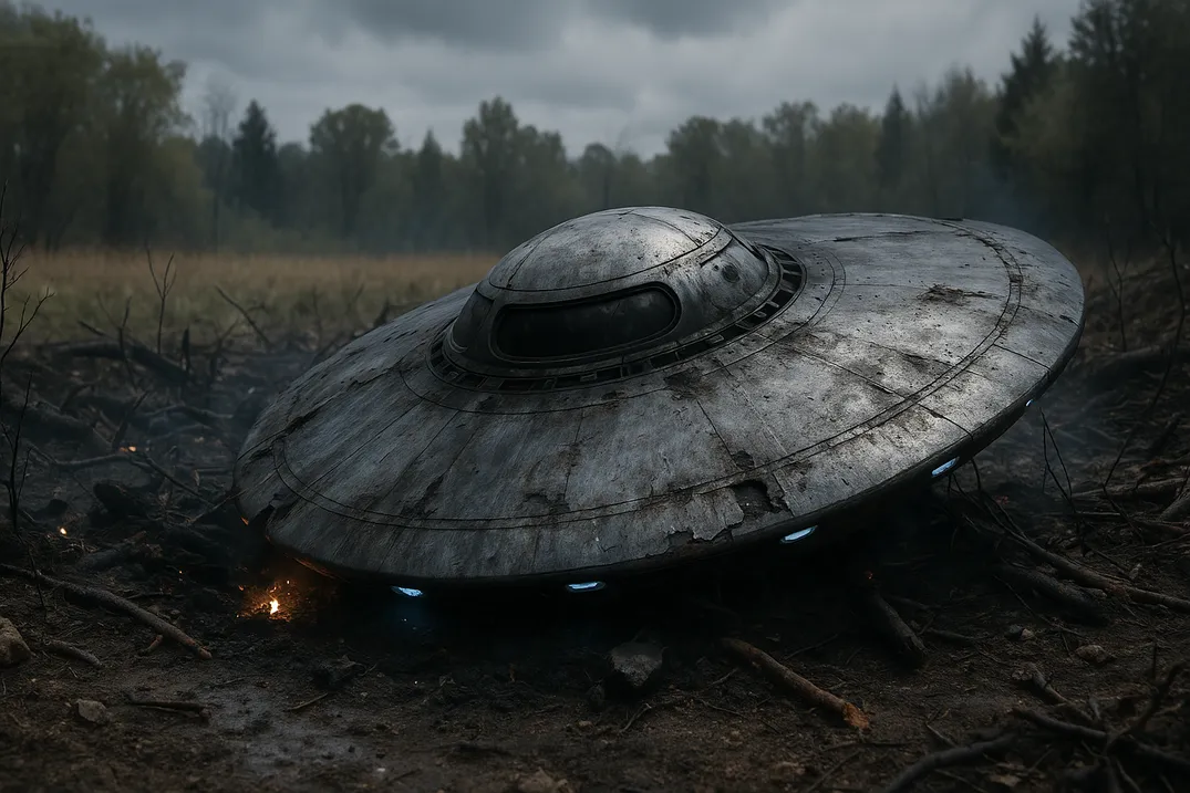 Ein abgestürztes UFO liegt rauchend und beschädigt in einem düsteren Waldgebiet. Das metallene Objekt ist rund, mit einer gläsernen Kuppel und blauen Leuchtpunkten, umgeben von verbrannter Erde und Ästen. Der Himmel ist wolkenverhangen – die Szene wirkt unheimlich und apokalyptisch.