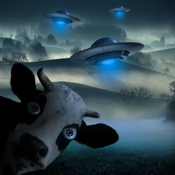 Eine Kuh schaut lustig in die Kamera. Im Hintergrund sind UFOs zu sehen.