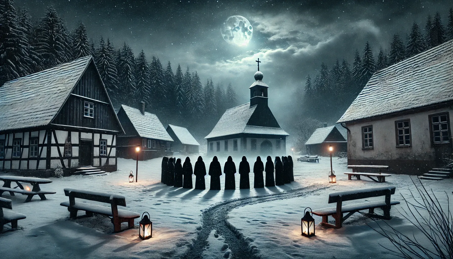 Ein verschneiter Dorfplatz bei Nacht, umgeben von alten Fachwerkhäusern. Zwölf dunkle, verhüllte Gestalten stehen auf dem Platz, während der Mond durch Wolken ein schwaches Licht auf die Szene wirft. Im Hintergrund führt ein beleuchteter Weg zu einer verlassenen Kapelle am Waldrand, hinter der Nebelschwaden aus einem dunklen Wald aufsteigen.