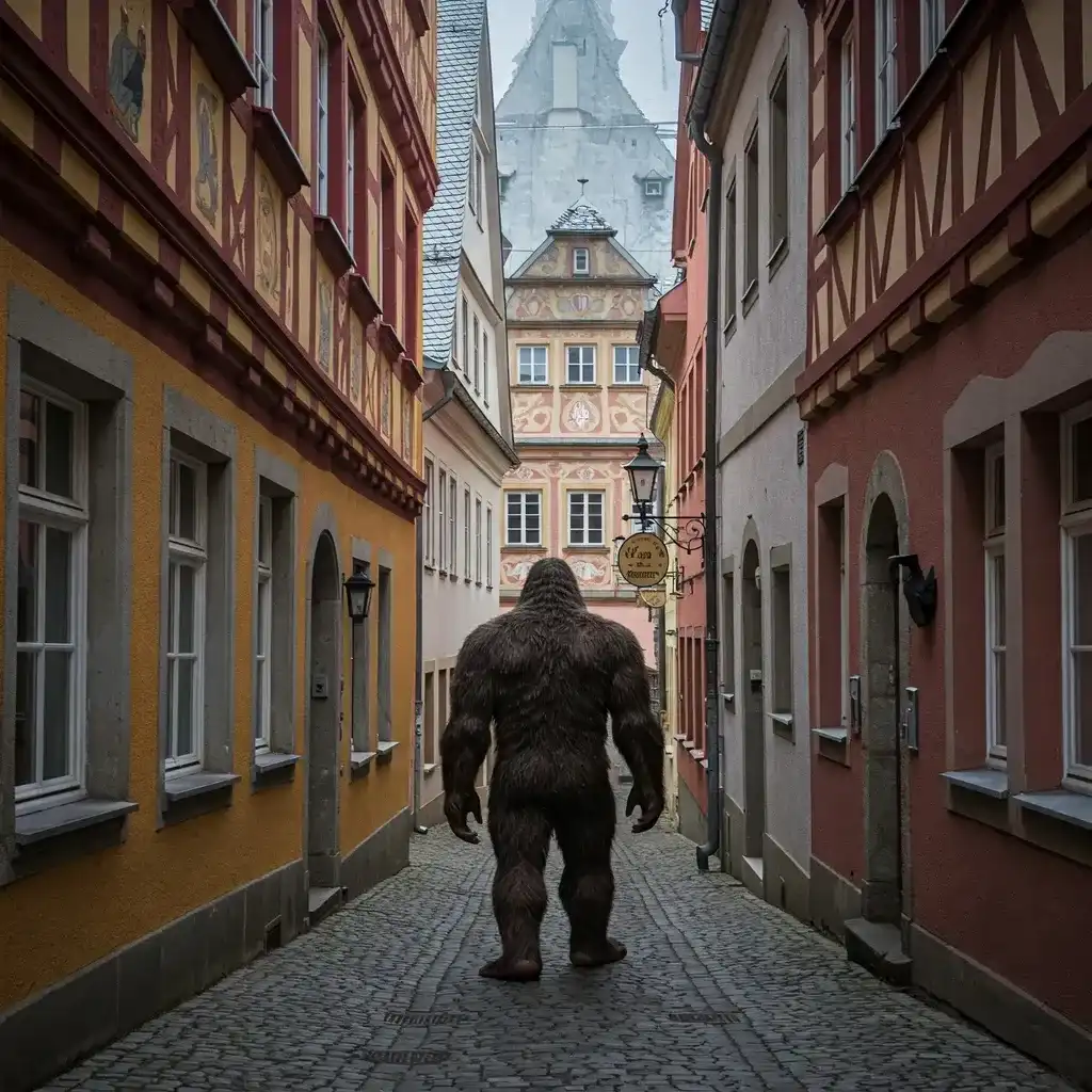 Bigfoot von Hinten in einer Gasse einer deutschen Altstadt