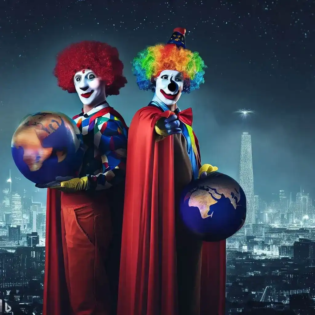 Zwei Clowns stehen um die Erdkugel herum