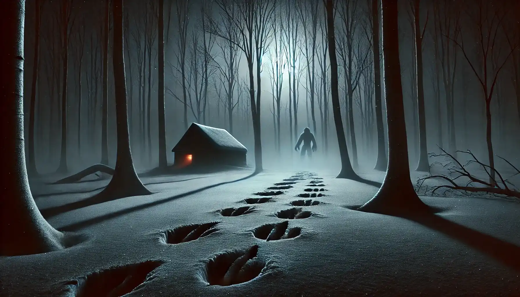 „Düstere, verschneite Waldlandschaft in der Nacht mit einer verlassenen Hütte im Hintergrund. Riesige, krallenartige Fußspuren im Schnee führen ins Dunkel, aus dem rote Augen bedrohlich leuchten.“