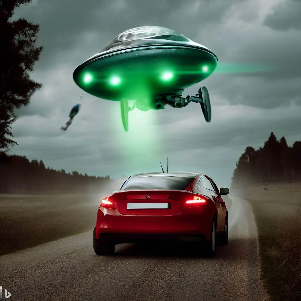 Ein rotes Elektroauto wird gerade von einem UFO entführt