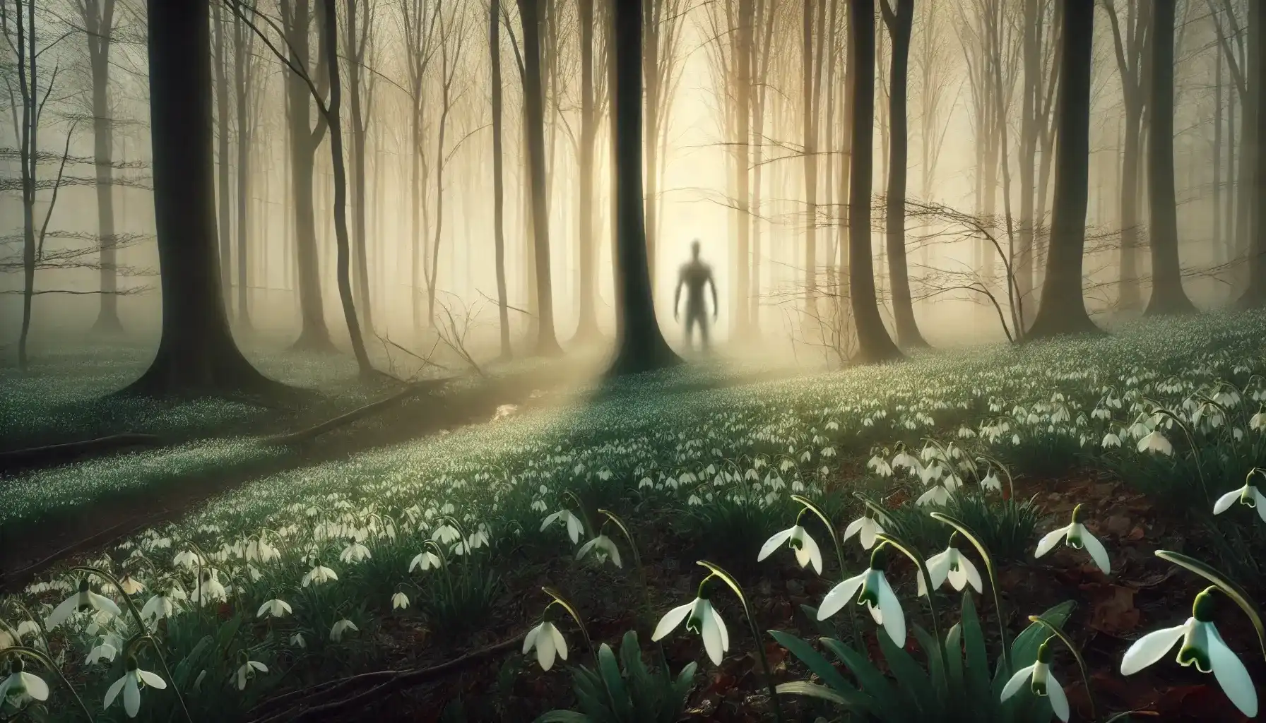 Geheimnisvoller Frühlingswald bei Morgendämmerung mit goldenem Licht, blühenden Schneeglöckchen und einer schemenhaften Gestalt im Hintergrund.