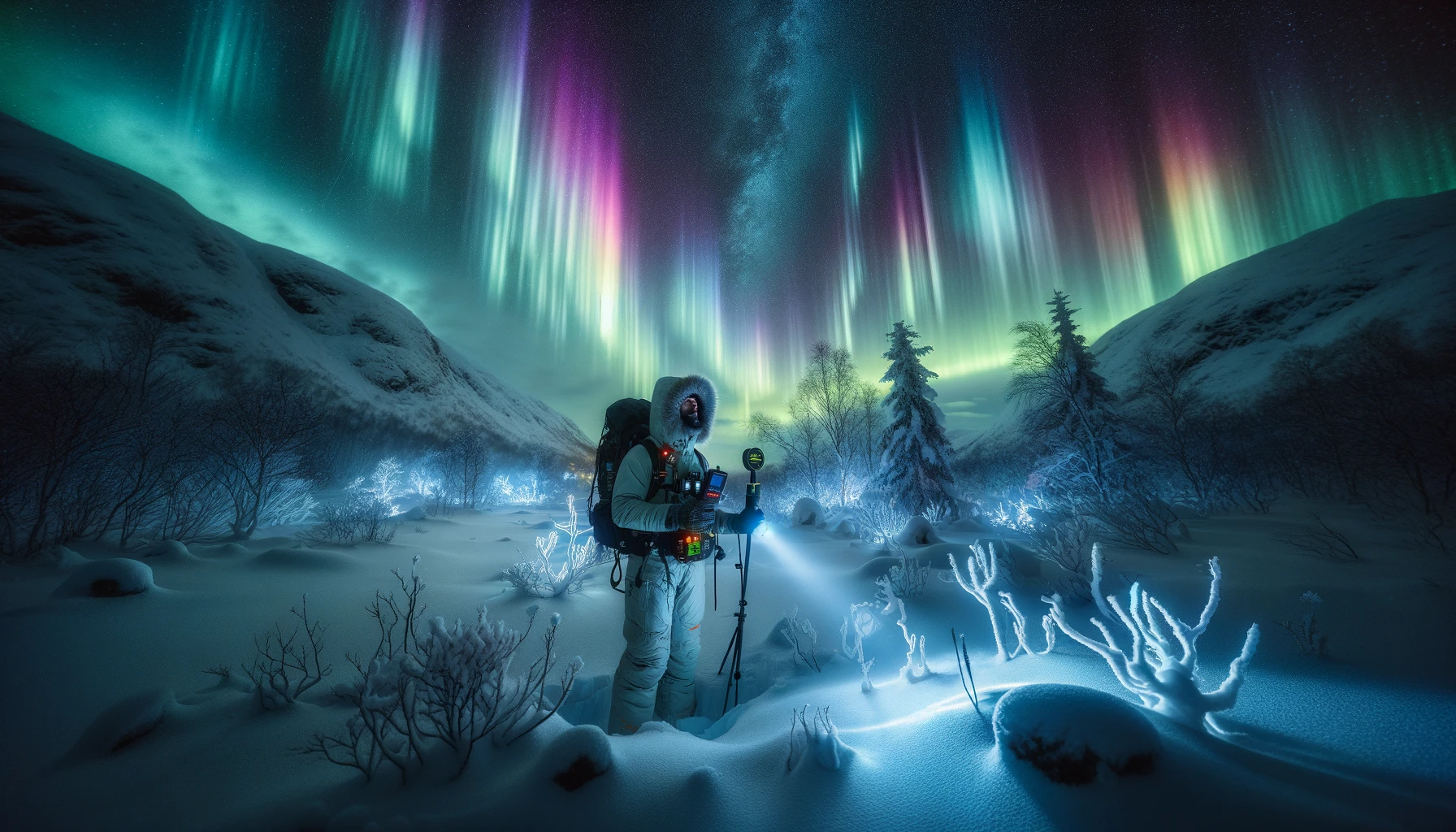 Ein Beobachter in Winterkleidung steht bei Nacht in einem verschneiten norwegischen Tal und dokumentiert mit Nachtsichtkamera und EMF-Messer ein spektakuläres, unerklärliches Lichtphänomen am Himmel, unterlegt von den Nordlichtern.