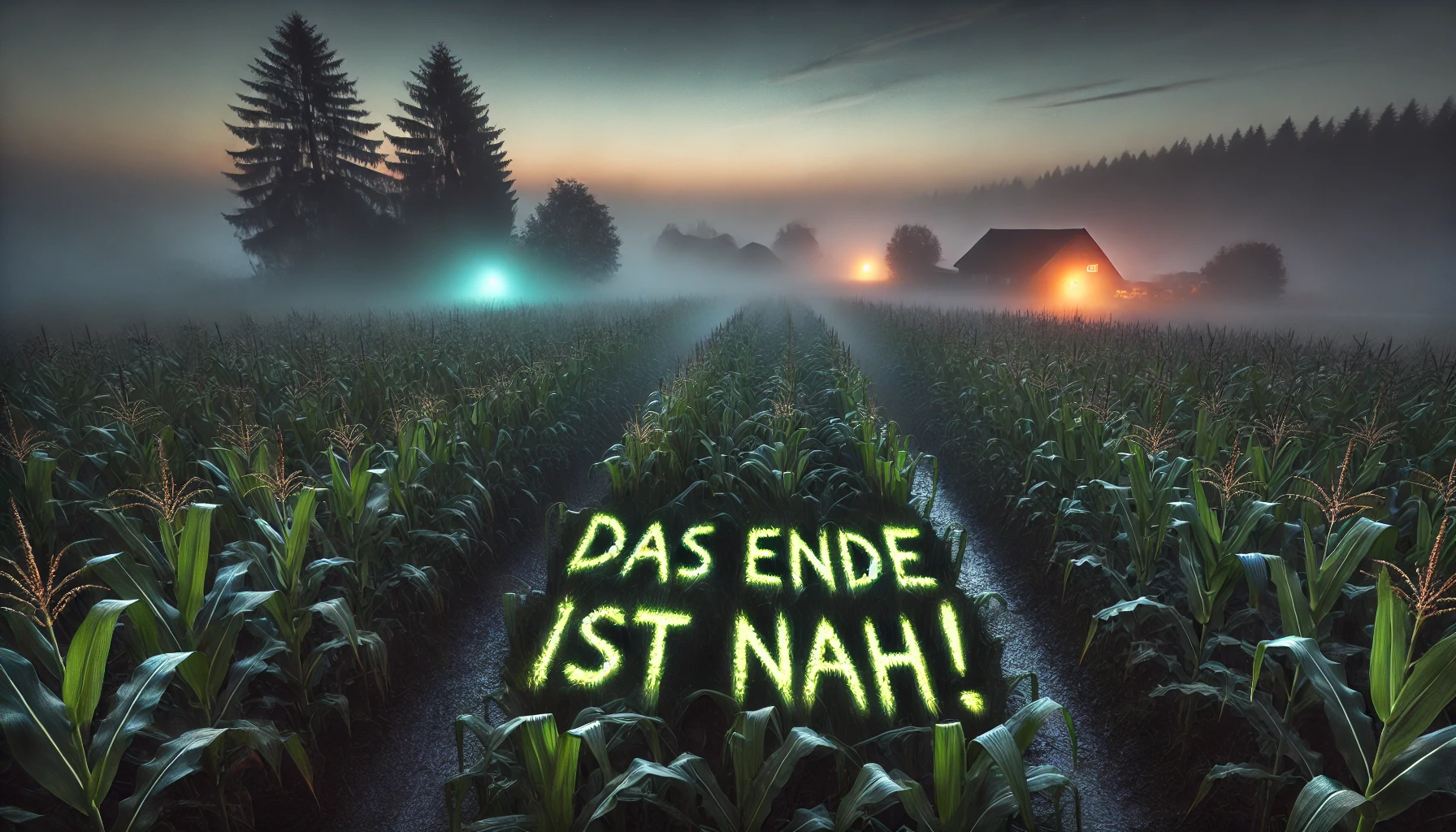 Ein geheimnisvolles Kornfeld bei Sonnenaufgang mit der Botschaft "Das Ende ist nah!" im Nebel, ungewöhnliche Lichter am Himmel und ein Dorf im Hintergrund.