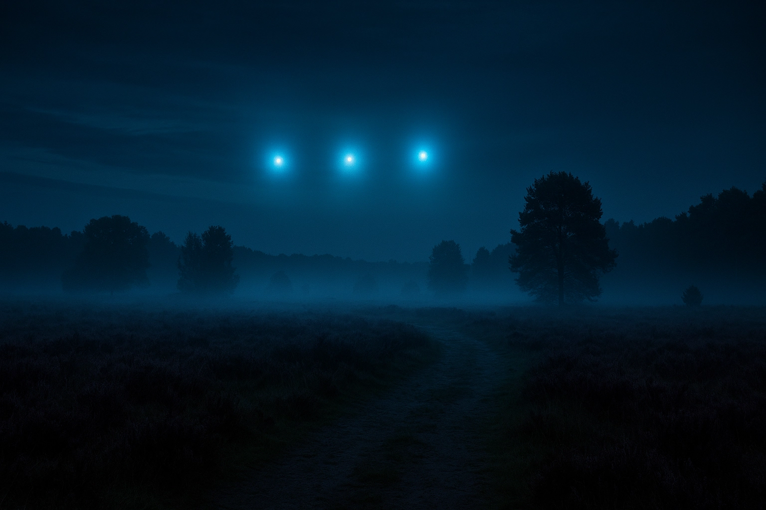 Nächtliche Heidelandschaft mit drei bläulich leuchtenden Kugeln am Himmel über einem nebligen Pfad, umgeben von Bäumen.