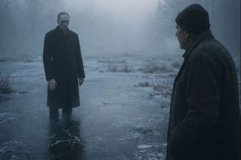 Zwei Männer stehen sich in einem gefrorenen Moor gegenüber, umgeben von dichtem Nebel. Der eine trägt dunkle Winterkleidung, während der andere reglos auf dem Eis steht und mit der Hand eine feine Risslinie in der vereisten Wasserfläche verursacht.