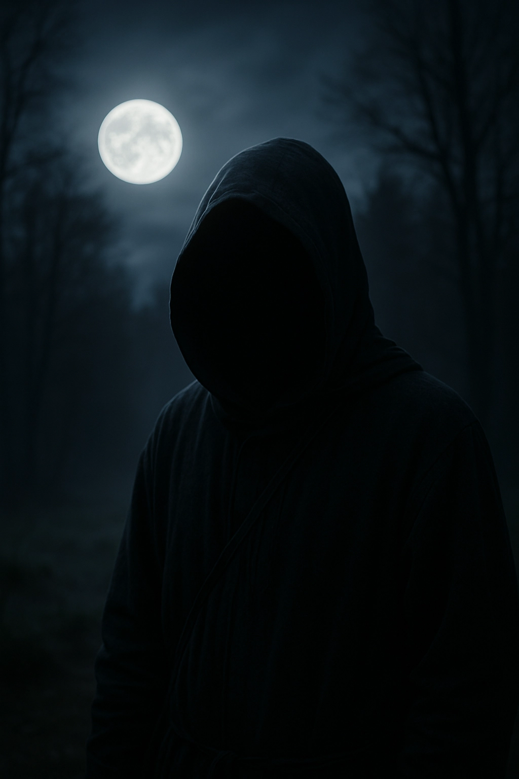 Eine geheimnisvolle Gestalt in dunklem Kapuzenumhang steht im Nebel eines nächtlichen Waldes, beleuchtet vom Vollmond. Das Gesicht ist im Schatten verborgen, die Szene wirkt unheimlich und geheimnisvoll.