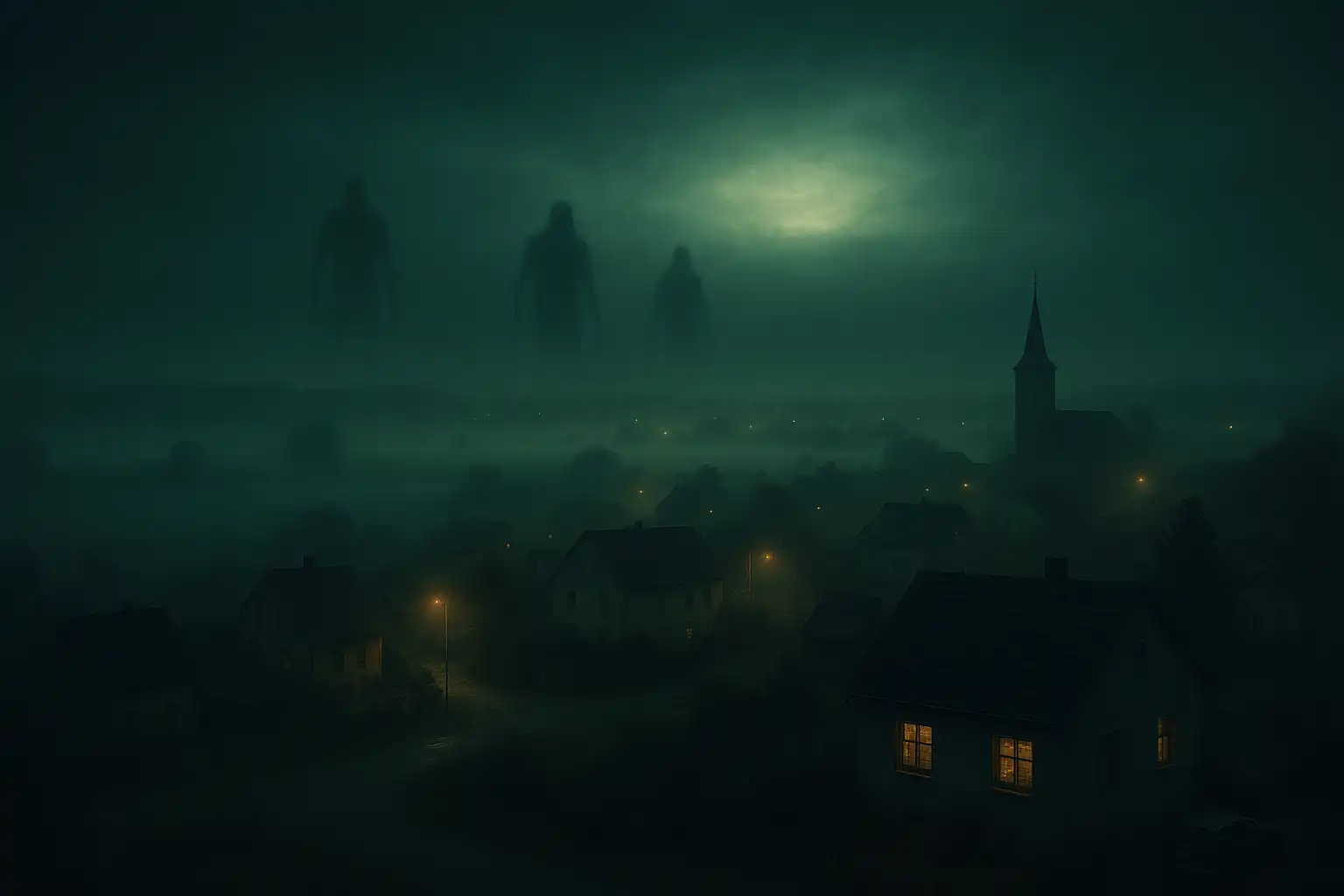 Neblige Nacht über einem deutschen Dorf mit drei riesigen, schemenhaften Gestalten im Hintergrund.