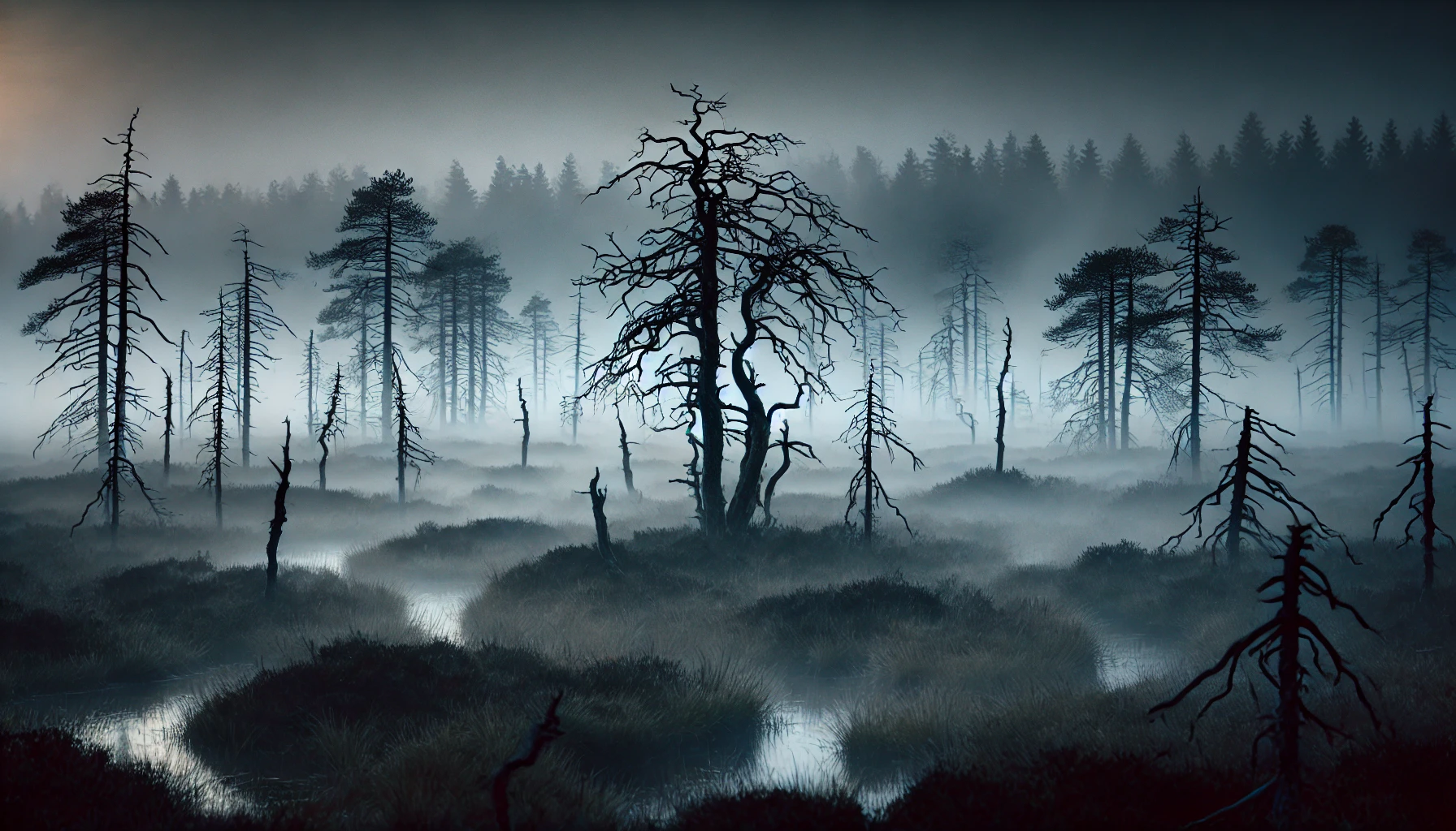 Ein nebliges Moor bei Dämmerung mit kargen Bäumen und geheimnisvollen Schattenfiguren, die im dichten Nebel auftauchen. Die unheimliche Atmosphäre wird durch das schwache Licht und die langen Schatten verstärkt.