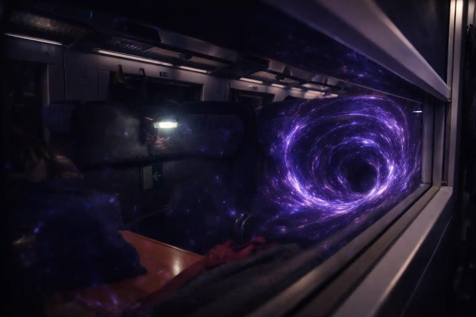 Innenaufnahme eines Regionalzugs bei Nacht: Durch das Fenster ist ein violett-blaues, tunnelartiges Lichtphänomen zu sehen, das sich im Glas spiegelt und den Innenraum leicht beleuchtet.