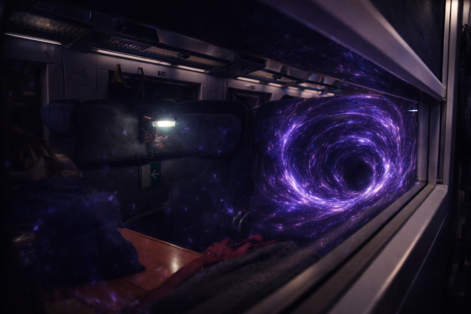 Innenaufnahme eines Regionalzugs bei Nacht: Durch das Fenster ist ein violett-blaues, tunnelartiges Lichtphänomen zu sehen, das sich im Glas spiegelt und den Innenraum leicht beleuchtet.