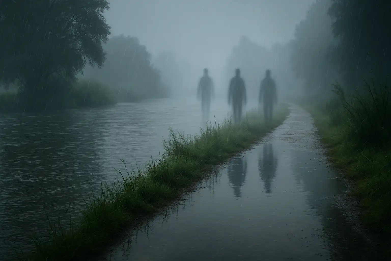 Verregneter Uferweg am Fluss, drei schemenhafte Gestalten spiegeln sich im Wasser und verschwinden im Nebel.