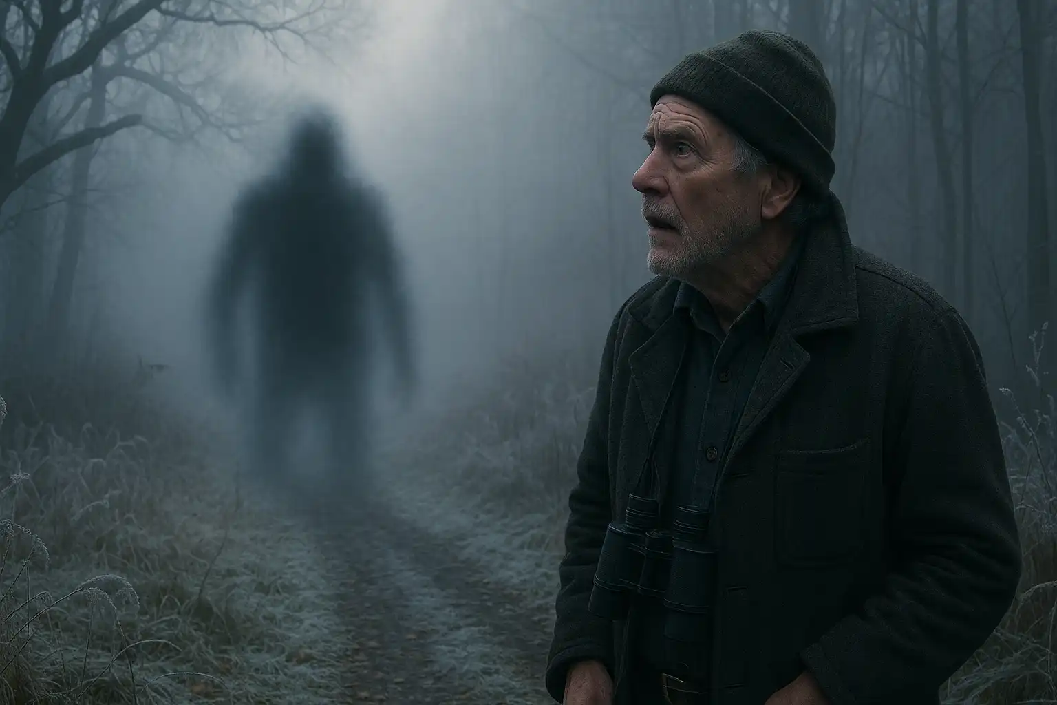 Älterer Mann steht an einem frostbedeckten Waldweg im nebligen Morgenlicht, während im Hintergrund ein großer, unscharfer Schattenkörper aus dem Nebel auftaucht.