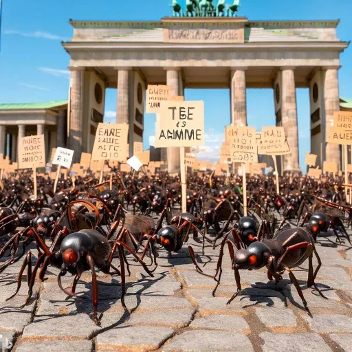 Viele große Ameisen protestieren in Berlin vor dem Brandenburger Tor