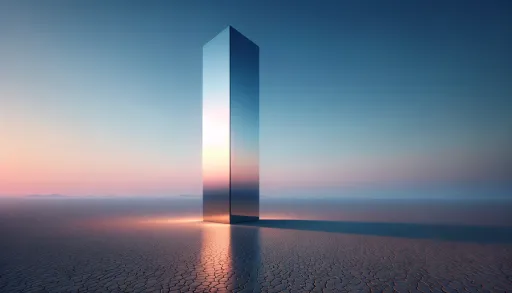 Ein hoch aufragender, reflektierender Monolith steht im Zentrum einer weiten Wüstenlandschaft. Der Himmel zeigt ein Farbgradient von sanftem Rosa zu hellem Blau, was auf die frühe Morgendämmerung hinweist. Der Monolith spiegelt die Farben des Himmels auf all seinen Seiten wider und schafft eine surreale, geheimnisvolle Atmosphäre. Die Wüste ist karg mit rissigem Boden, und es gibt keine Fußabdrücke oder Anzeichen menschlicher Präsenz rund um den Monolithen. Die Szene vermittelt ein Gefühl der Isolation und des Wunders, als ob der Monolith aus dem Nichts erschienen wäre. Das Licht ist weich und die frühe Morgensonne wirft lange Schatten.