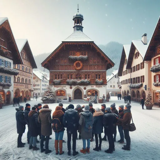 Eine Menschengruppe mit Winterklamotten steht auf dem Marktplatz in einem verschneiten bayerischen Dorf