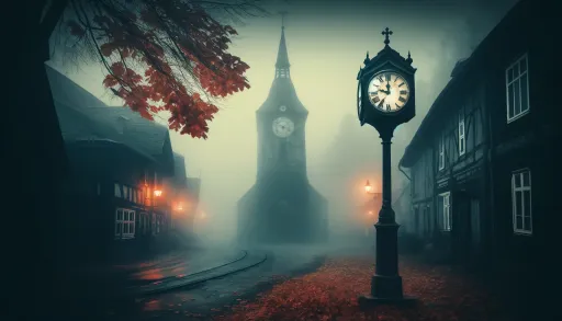 Nebelverhangenes Dorf mit altem Kirchturm und stehengebliebener Uhr auf einem leeren Platz, umgeben von Herbstlaub und schummrigem Licht.