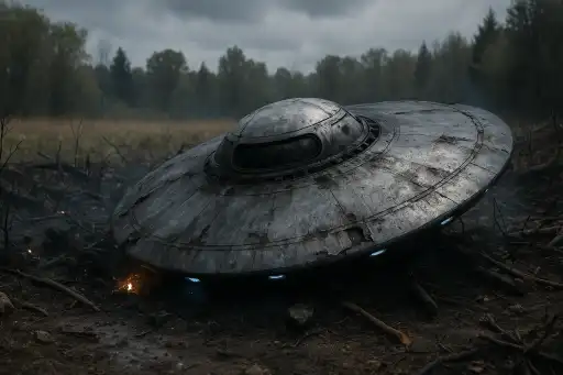 Ein abgestürztes UFO liegt rauchend und beschädigt in einem düsteren Waldgebiet. Das metallene Objekt ist rund, mit einer gläsernen Kuppel und blauen Leuchtpunkten, umgeben von verbrannter Erde und Ästen. Der Himmel ist wolkenverhangen – die Szene wirkt unheimlich und apokalyptisch.