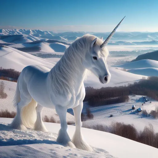 Ein weißes Einhorn mit einer schönen Winterlandschaft. Sonniger Tag.