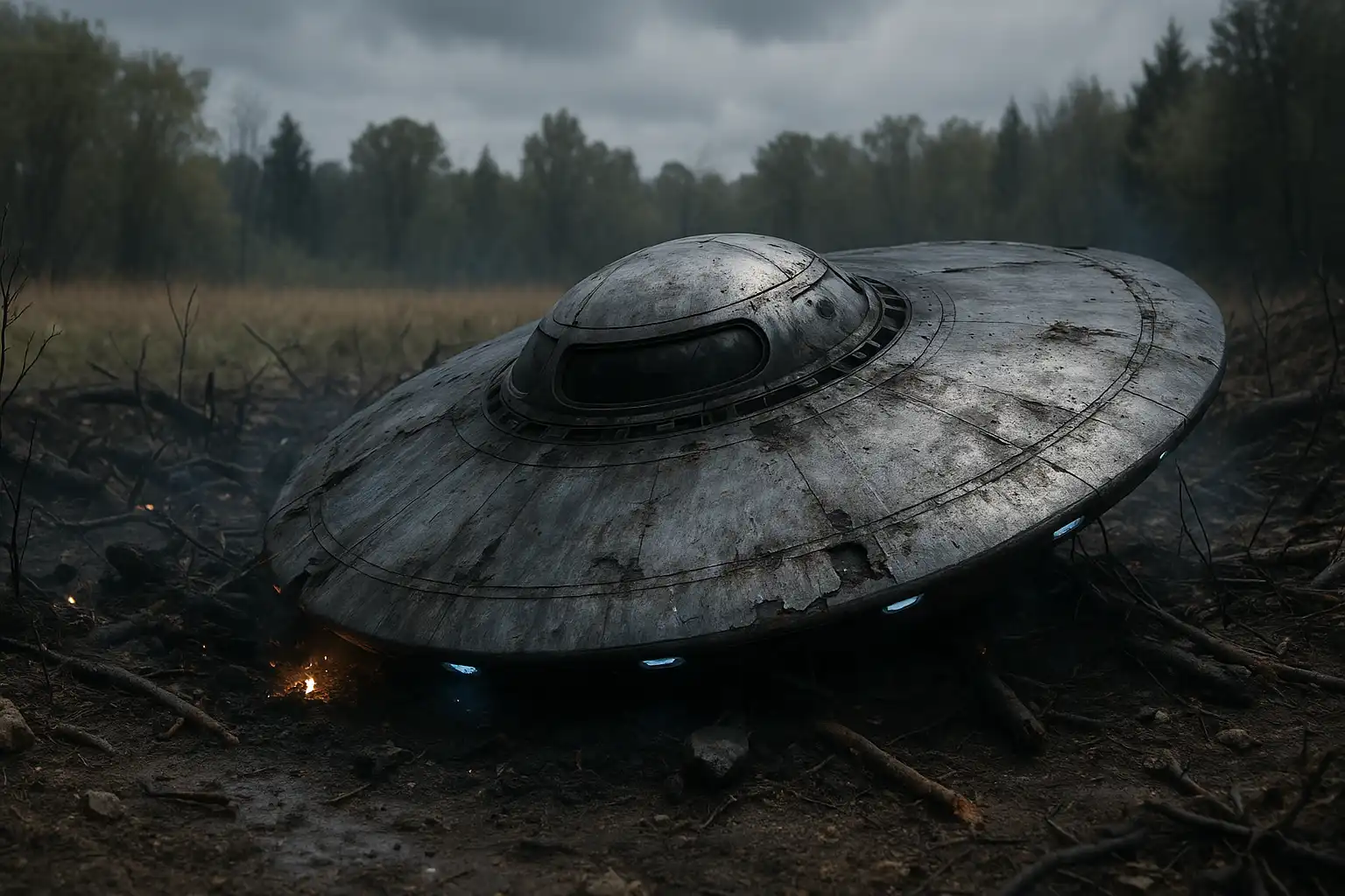 Ein abgestürztes UFO liegt rauchend und beschädigt in einem düsteren Waldgebiet. Das metallene Objekt ist rund, mit einer gläsernen Kuppel und blauen Leuchtpunkten, umgeben von verbrannter Erde und Ästen. Der Himmel ist wolkenverhangen – die Szene wirkt unheimlich und apokalyptisch.
