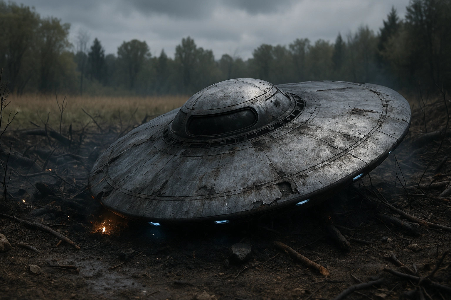 Ein abgestürztes UFO liegt rauchend und beschädigt in einem düsteren Waldgebiet. Das metallene Objekt ist rund, mit einer gläsernen Kuppel und blauen Leuchtpunkten, umgeben von verbrannter Erde und Ästen. Der Himmel ist wolkenverhangen – die Szene wirkt unheimlich und apokalyptisch.