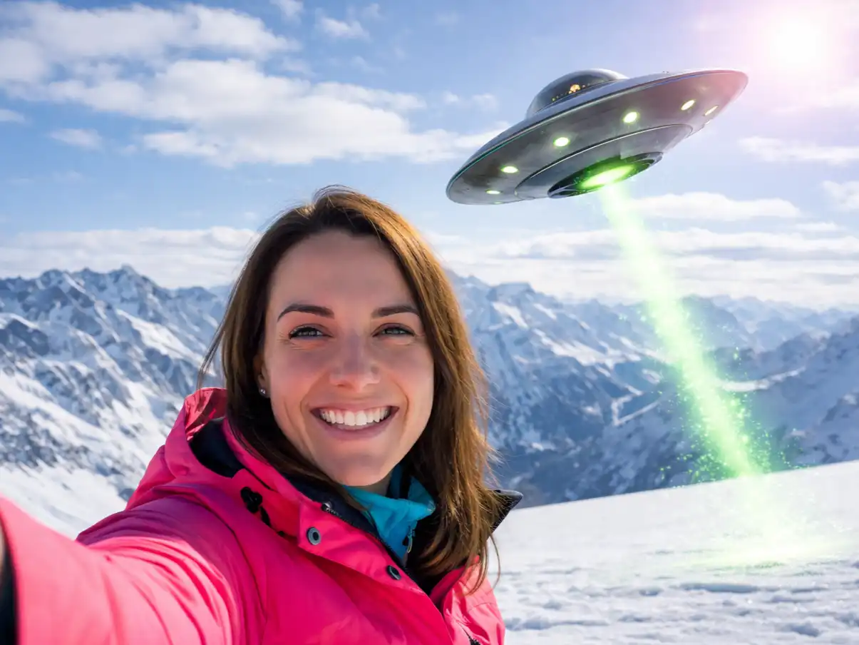Selfie einer Wanderin vor verschneiten Alpen während ein scheibenförmiges UFO über den Bergen schwebt