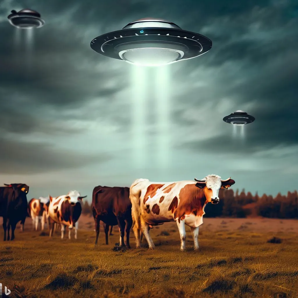 UFOs mit Kühen auf einem Feld