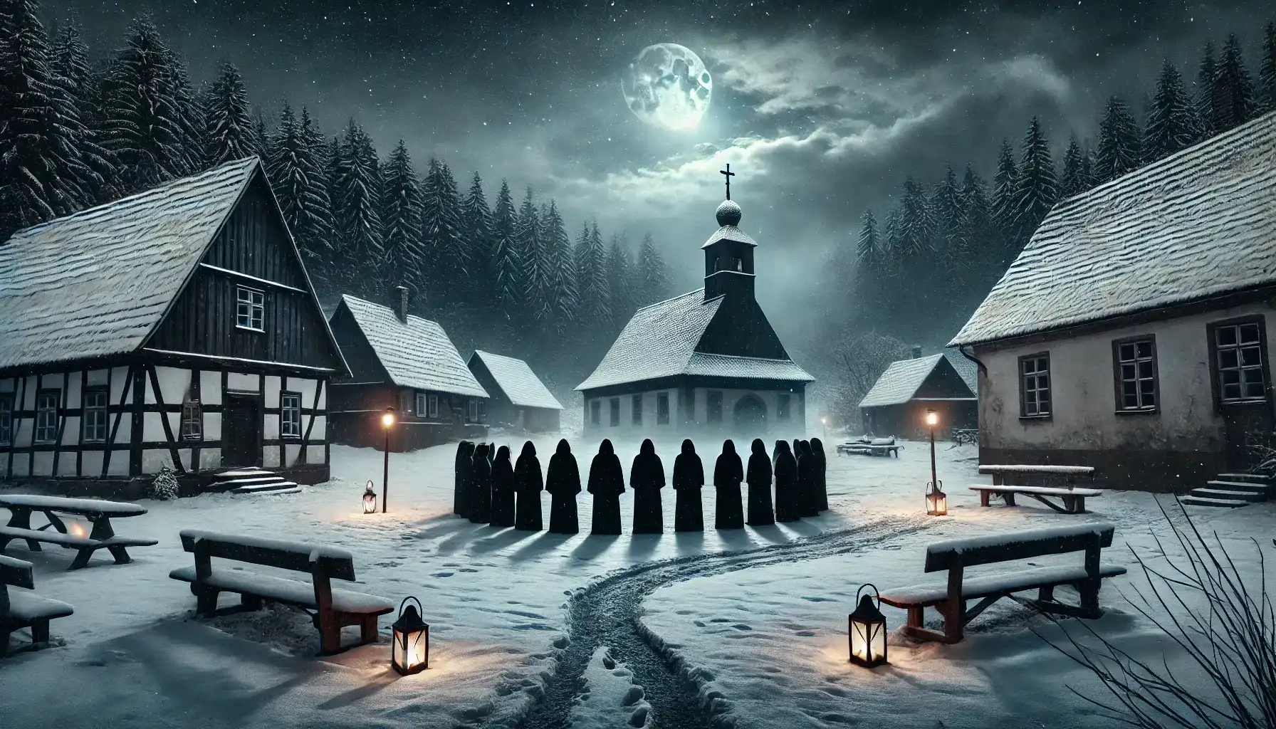 Ein verschneiter Dorfplatz bei Nacht, umgeben von alten Fachwerkhäusern. Zwölf dunkle, verhüllte Gestalten stehen auf dem Platz, während der Mond durch Wolken ein schwaches Licht auf die Szene wirft. Im Hintergrund führt ein beleuchteter Weg zu einer verlassenen Kapelle am Waldrand, hinter der Nebelschwaden aus einem dunklen Wald aufsteigen.