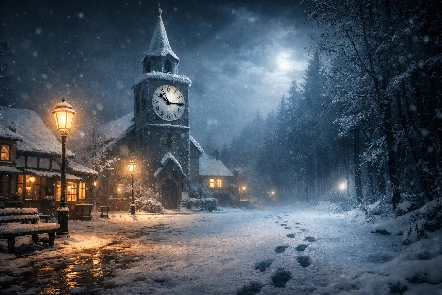 Winterliche Nacht in einem verschneiten Dorf mit Kirchturm und Turmuhr bei 22:17 Uhr, warmen Laternenlichtern und Fußspuren im Schnee, die in einen dunklen Wald führen.