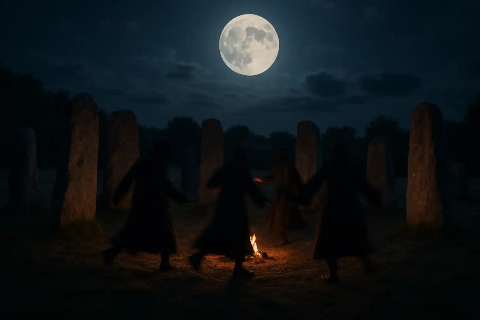 Verschwommene Gestalten tanzen bei Vollmond in einem Steinkreis in einem abgelegenen Feld nahe Oberkleinbach